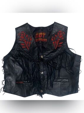 Hot Leather Rose Cut Out Fringe Motorcycle Biker Western Black Leather Vest XL